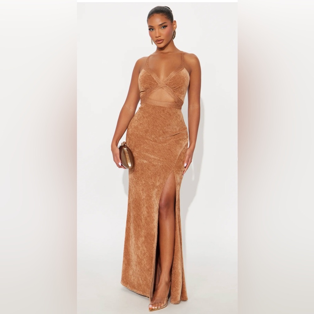 Fashion Nova Strappy Cutout Maxi Dress in Caramel Brown